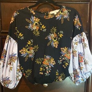 LOFT Black Floral Puff Sleeve Blouse with White Sleeves